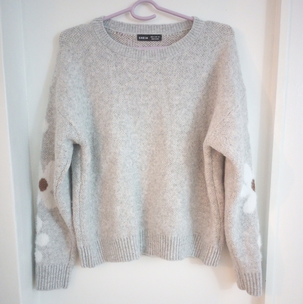 Cozy Light Gray Fluffy Sweater with Floral Accents Size Medium